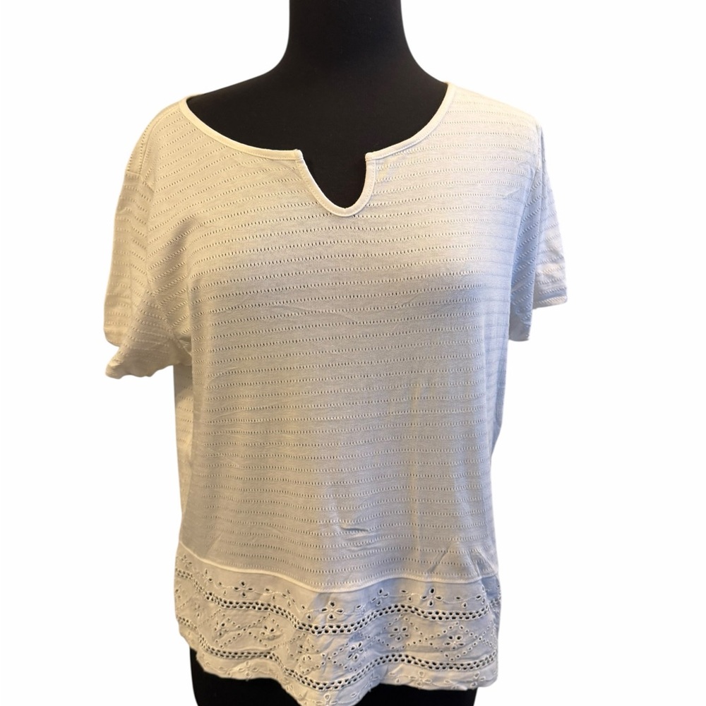 Liz Claiborne Cream Short Sleeve Eyelet-Hem Knit Top
